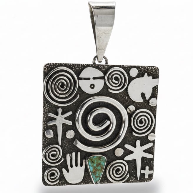 Large Square Story Symbol Pendant with Royston Turquoise by Alex Sanchez - Turquoise Mustang