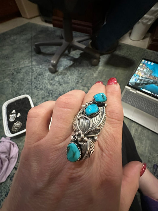Vintage Three Stone Ring with Traditional Sterling Silver Work, by Navajo Artist (Hallmark LD) - Turquoise Mustang