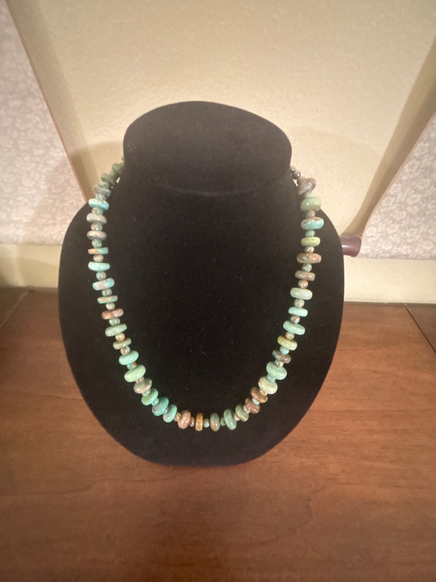 Necklace, 20 ” Sage Green Kingman Turquoise Rondelles w/ Navajo Pearl Ends and Sterling Clasp - Turquoise Mustang