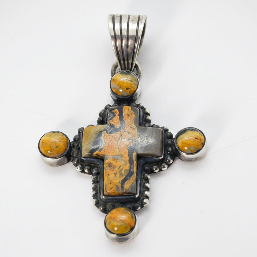 The Cardinal Flower Cross Pendant in Bumblebee Jasper - Turquoise Mustang