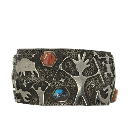 Sand Cast Sterling Silver Cuff Bracelet with Petroglyph Motifs and Pentagon Stones — By Danny Romero - Turquoise Mustang