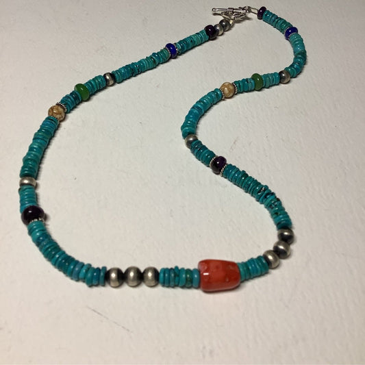Necklace, 20" Navajo Pearls w/ Kingman Heishi, Lapis, Oyster, Coral center bead, Turquoise Mustang - Turquoise Mustang