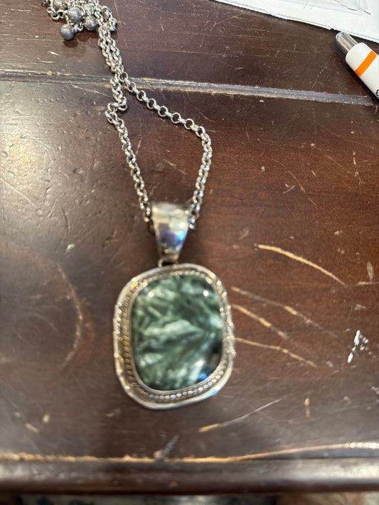 Freeform Seraphinite Pendant and Earrings Set w Chain - Turquoise Mustang