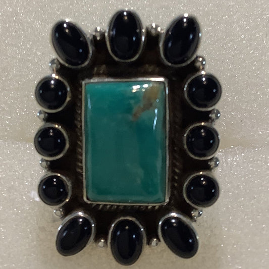 Ring, Turquoise & Onyx, Turquoise Rectangle Center with 12 onyx bezel, DD - Turquoise Mustang