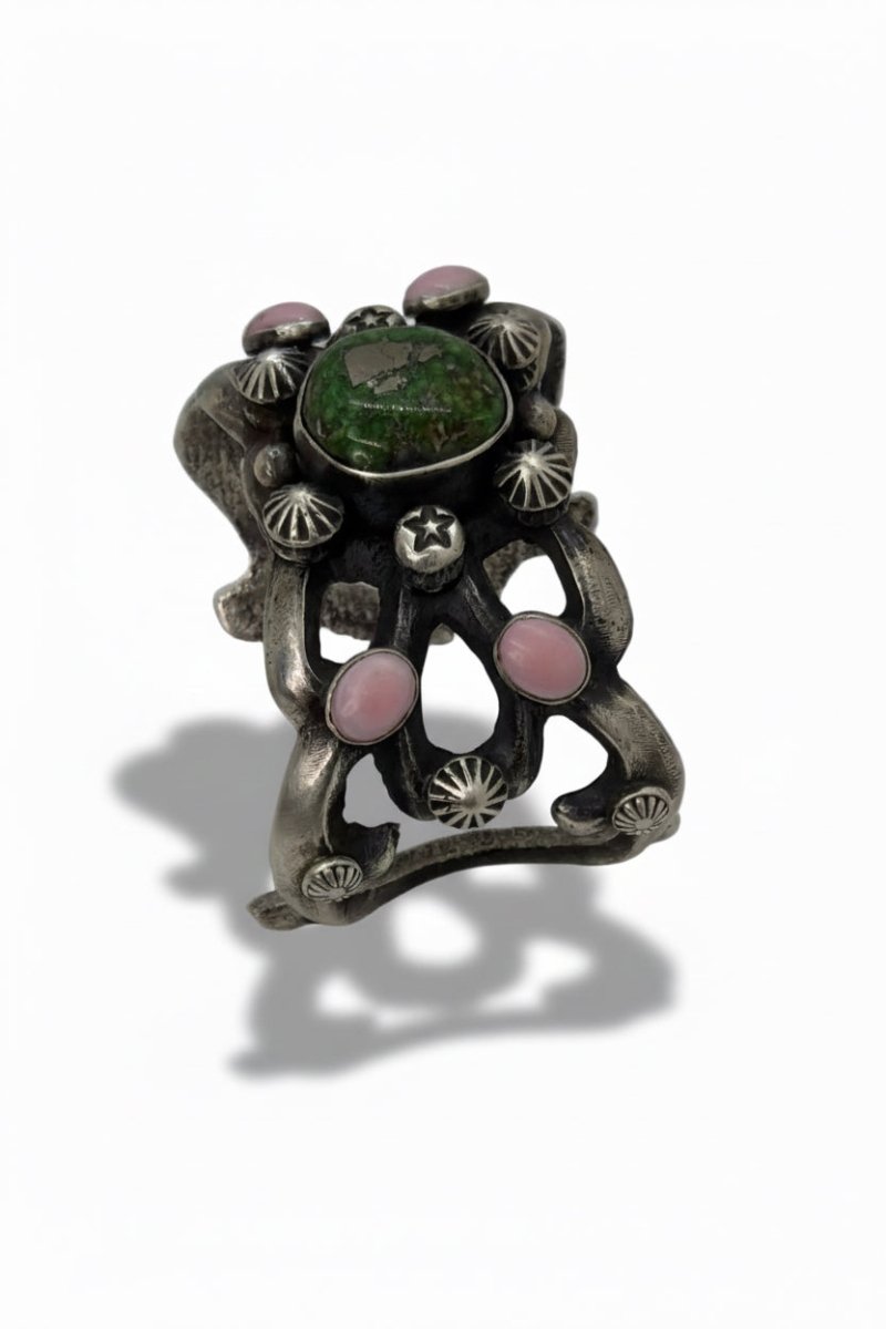 Tufa Cast Cuff Bracelet with Carico Lake Turquoise & Pink Conch by Chimney Butte - Turquoise Mustang