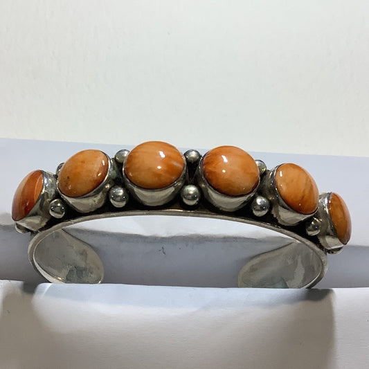Bracelet, 6 stone Round Orange Spiny Oyster Cuff, DD - Turquoise Mustang