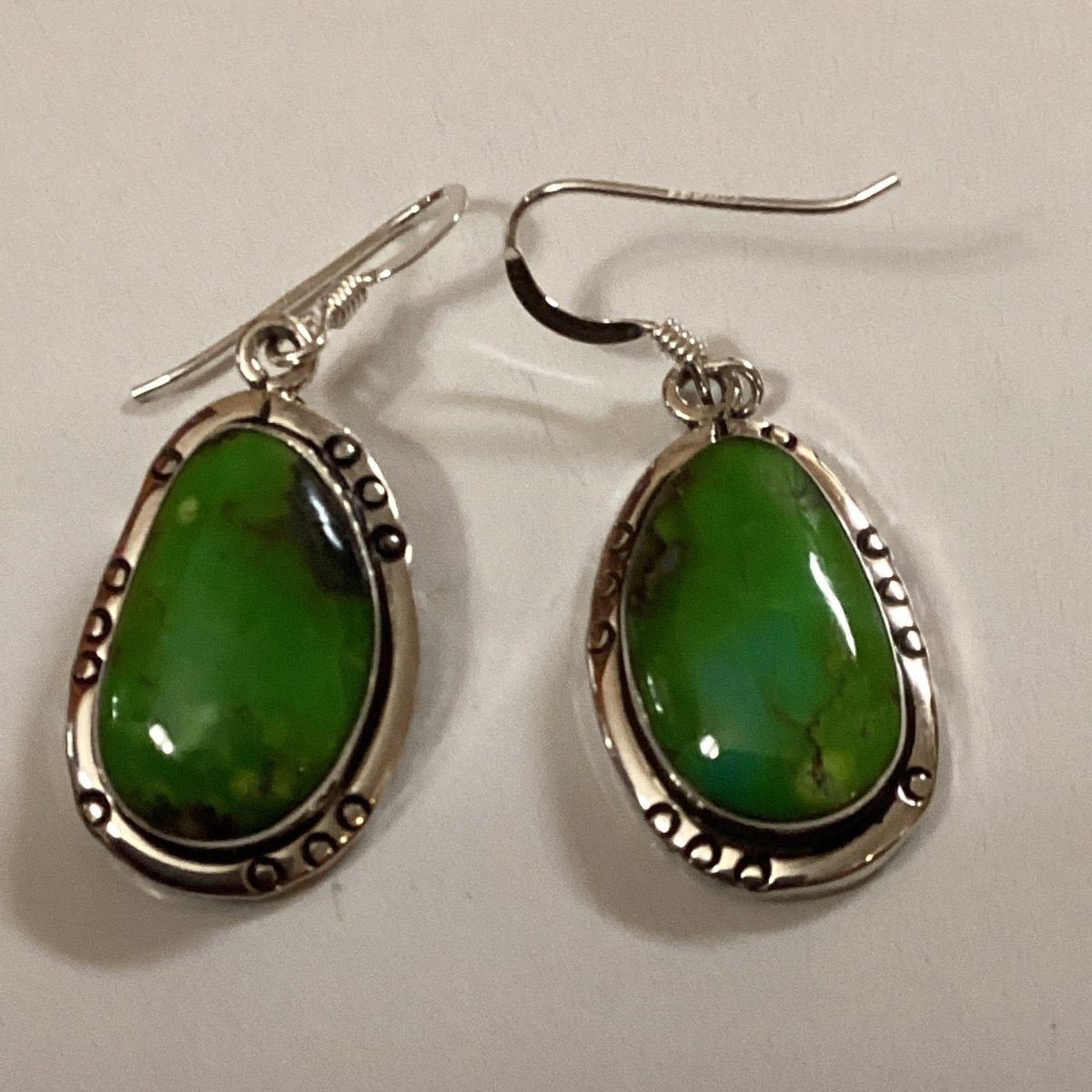 Earring, Gaspeite, freeform, hooks, Kevin Yazzie - Turquoise Mustang