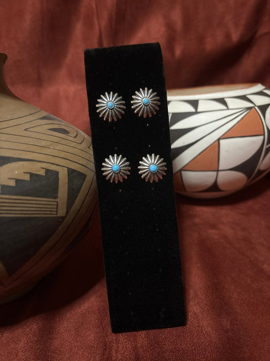 Earrings, Peyote Button Concho Studs w/Turquoise Center - Turquoise Mustang
