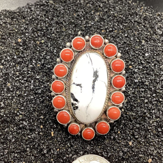 Ring, 16 Stone Cluster White Buffalo with Mediteranean coral bezel, Peterson Johnson (1) - Turquoise Mustang