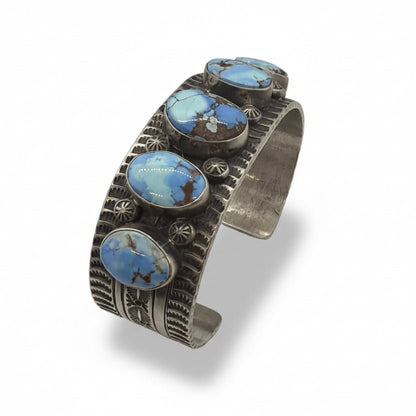Golden Hills Turquoise Medium Bracelet Cuff Five Oval Stones, Tillie John - Turquoise Mustang