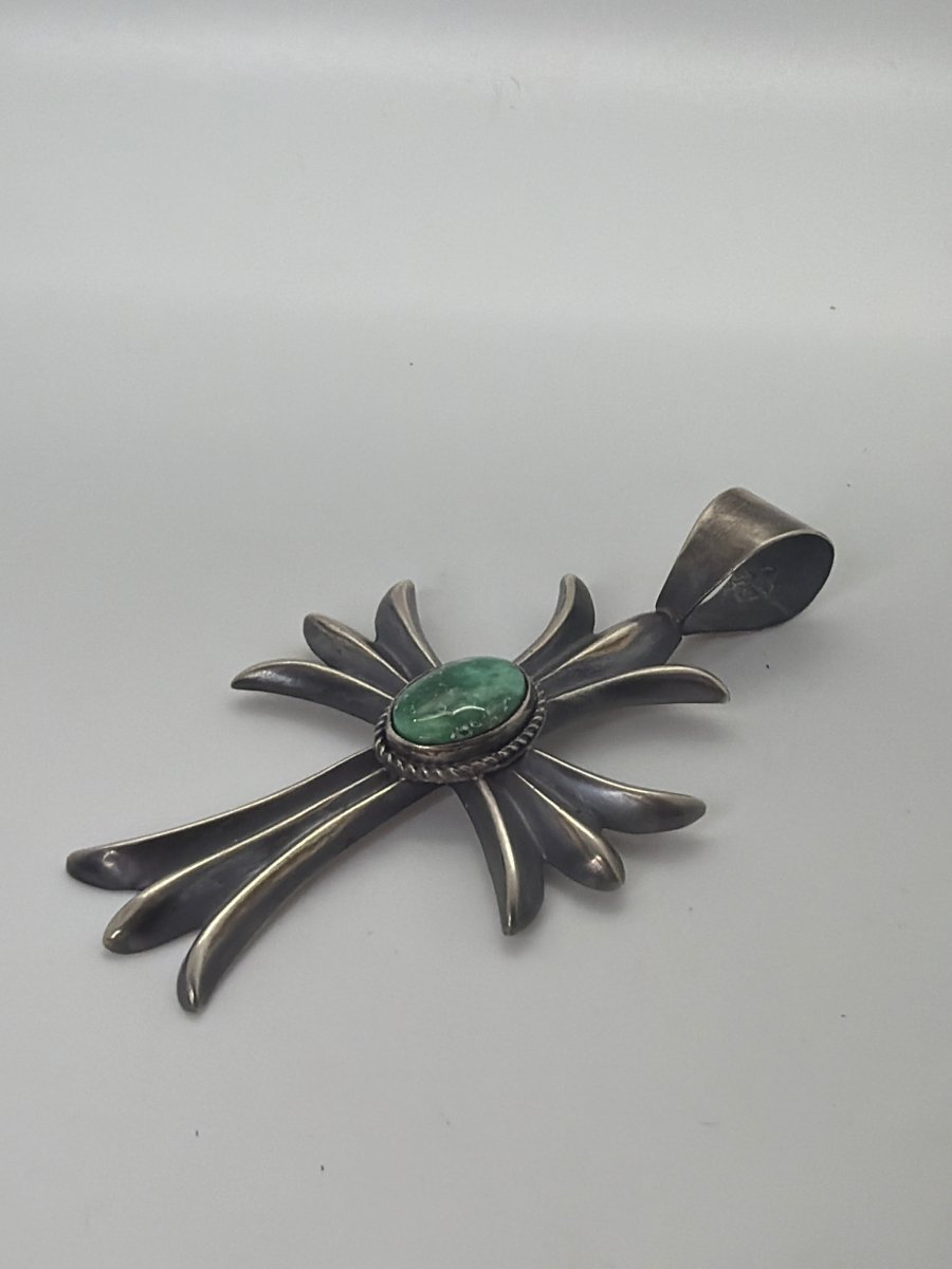 Large Royston Turquoise and Sterling Silver Cross Pendant, Harrison Bitsue - Turquoise Mustang