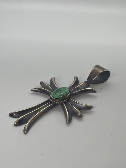 Large Royston Turquoise and Sterling Silver Cross Pendant, Harrison Bitsue - Turquoise Mustang
