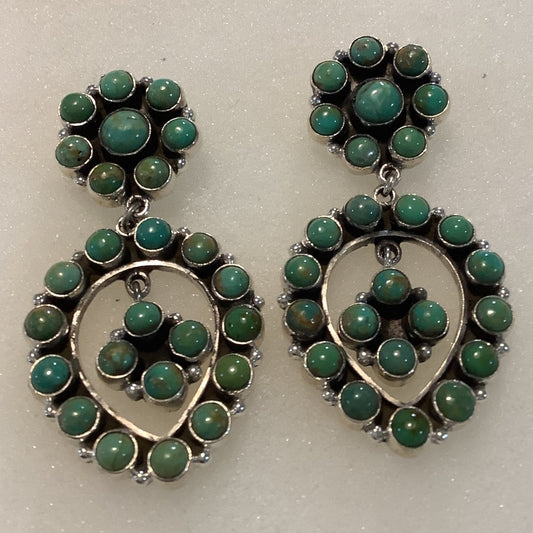 Earrings, Turquoise, Round cluster Stud with TEardrop & Pendulum Cluster, DD - Turquoise Mustang