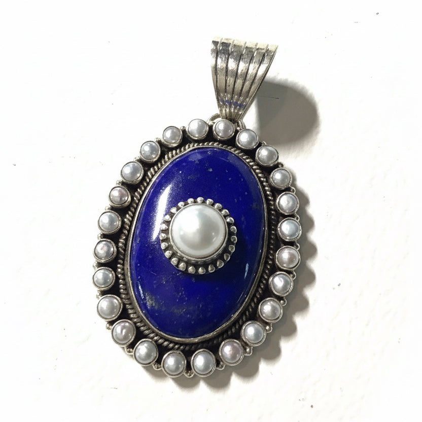 Large Oval Lapis Pendant with Freshwater Pearl Bezel and Stacked Pearl Accent by Dan Dodson - Turquoise Mustang