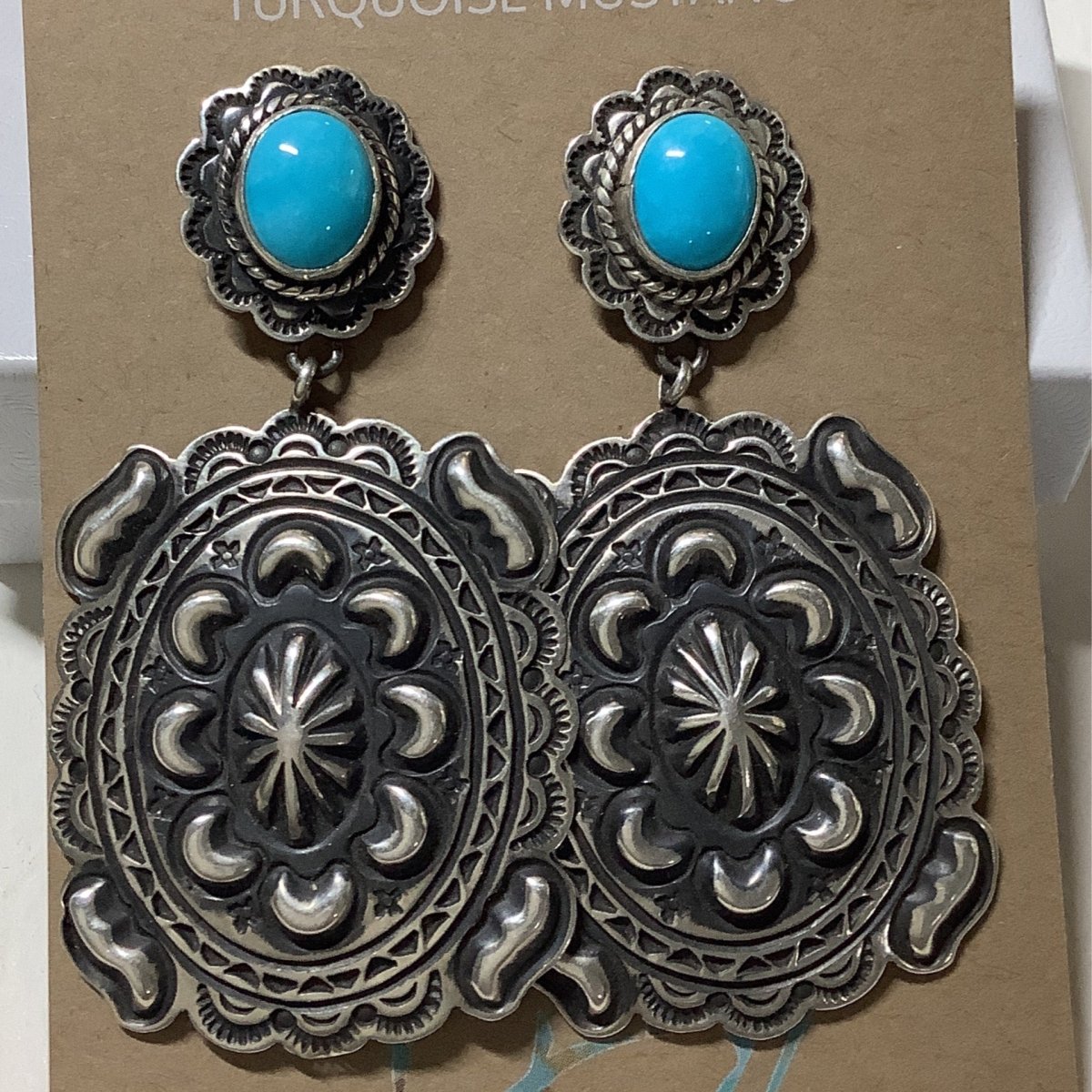 Earring, SB Turquoise Posts with dangling Repousse Conchos, Tsosie G White, - Turquoise Mustang