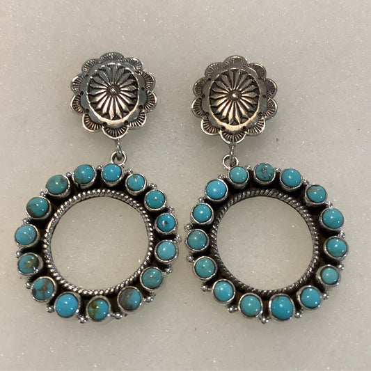 Earrings, Turquoise, Concho Stud with Circle Cluster drop, DD - Turquoise Mustang
