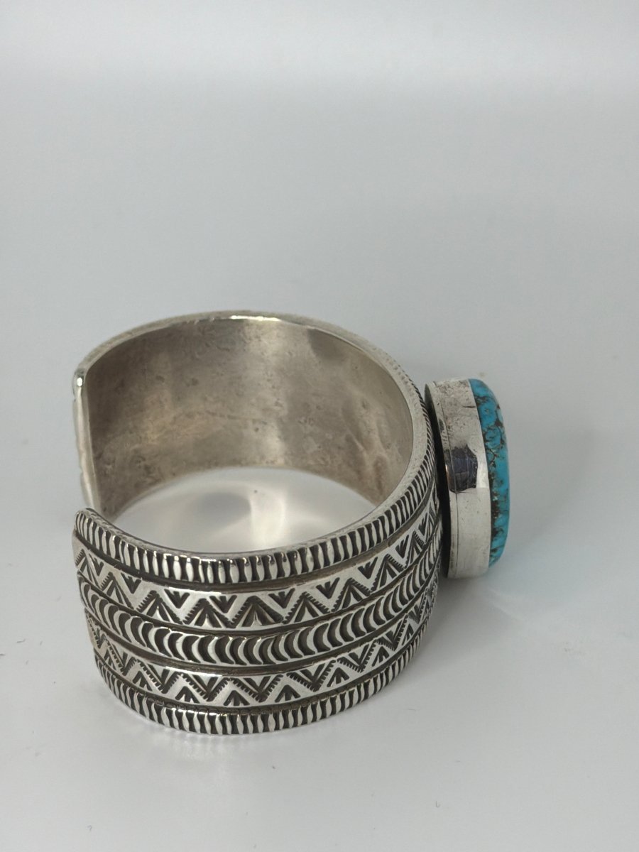 Wide Stamped Navajo Cuff Bracelet with Freeform Blue Kingman Turquoise, Alex Sanchez - Turquoise Mustang