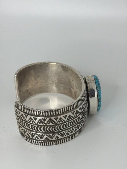 Wide Stamped Navajo Cuff Bracelet with Freeform Blue Kingman Turquoise, Alex Sanchez - Turquoise Mustang