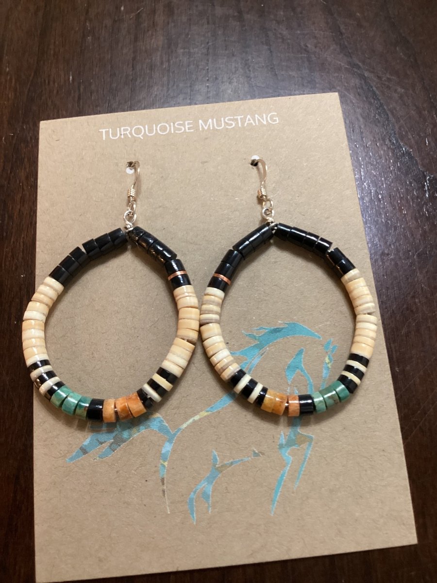 Mary Calabaza Tewa Heishi Hoop Earrings - Turquoise Mustang