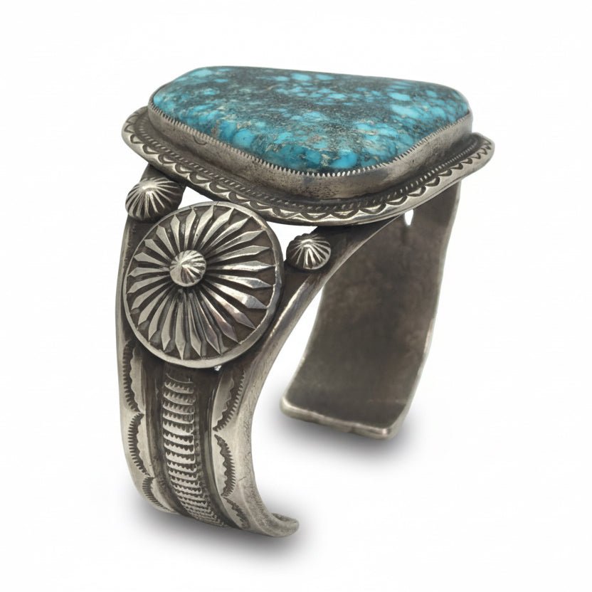 Premium Trillion - Cut Kingman Turquoise Cuff by Calvin Martinez - Turquoise Mustang