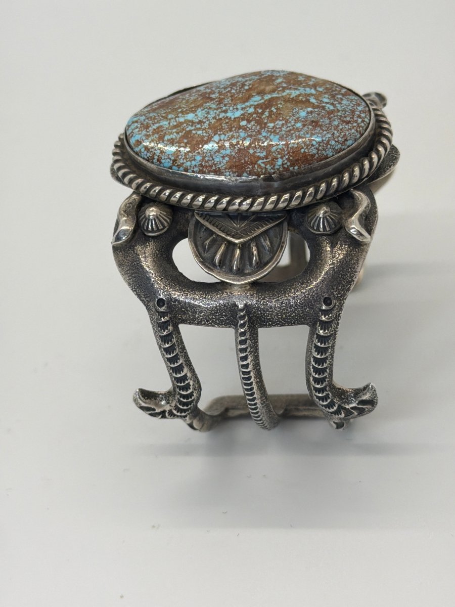 Tufa Cast with Stampwork Cuff Bracelet, Lg. Oval 8, Robert Delgarito - Turquoise Mustang