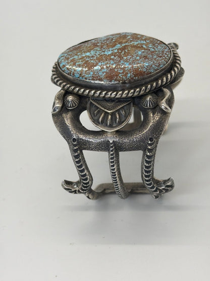 Tufa Cast with Stampwork Cuff Bracelet, Lg. Oval 8, Robert Delgarito - Turquoise Mustang