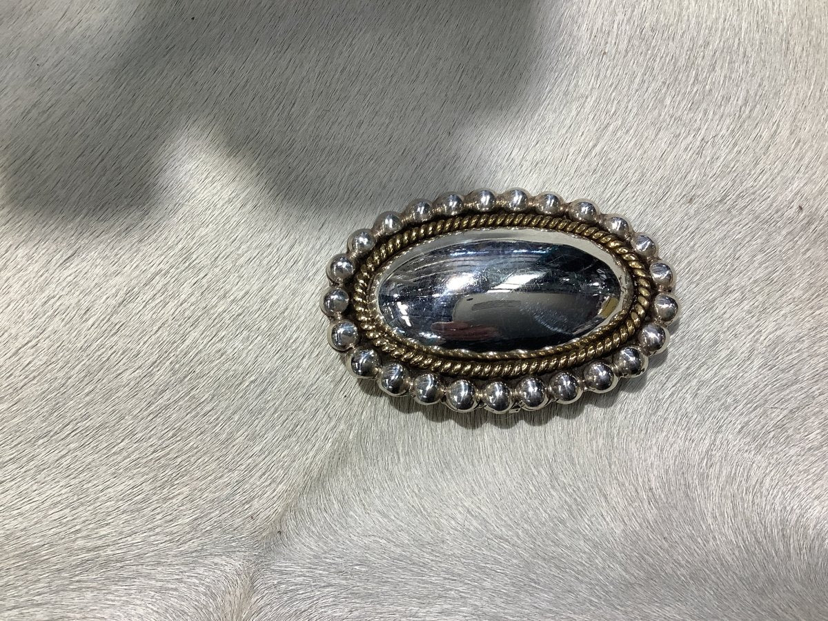 Brooche, pin, all silver concho, Laton TP99 hallmark - Turquoise Mustang