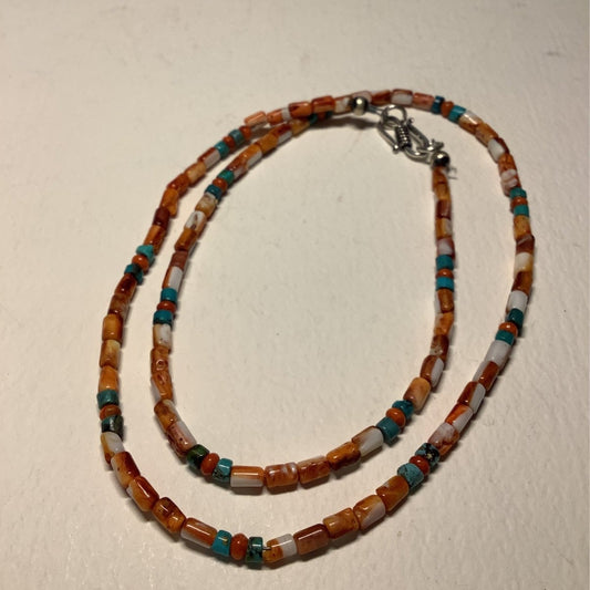 Necklace, 23" Orange Spiny Oyster Tubes w/ TQ and Coral - Turquoise Mustang