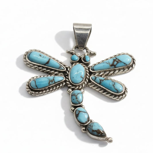 Turquoise Dragonfly Pendant in Sterling Silver, Z Hallmark - Turquoise Mustang
