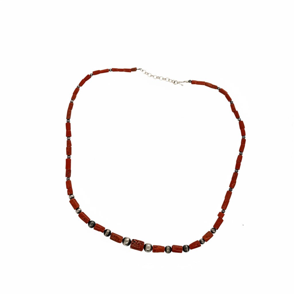 Red Coral & Turquoise Necklace with Sterling Silver Beads - Turquoise Mustang