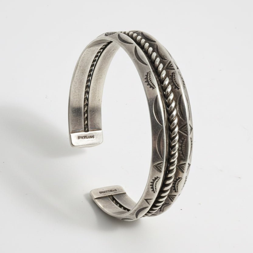 Sterling Silver Rope & Stampwork Cuff, J. Tahe - Turquoise Mustang