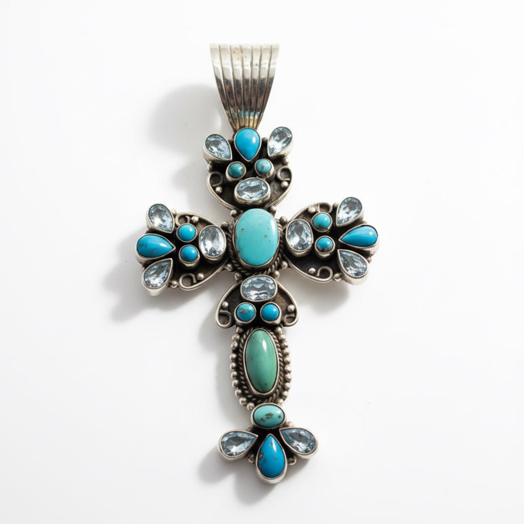 Large 27 - Stone Turquoise & Blue Topaz Cluster Cross Pendant, Dan Dodson - Turquoise Mustang