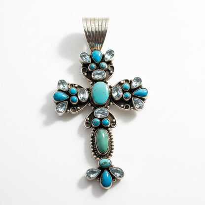 Large 27 - Stone Turquoise & Blue Topaz Cluster Cross Pendant, Dan Dodson - Turquoise Mustang