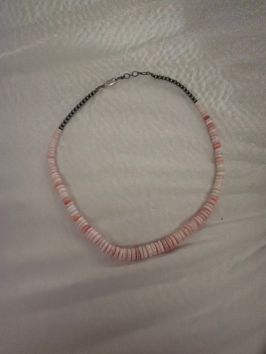 Graduated Pink Conch Heishi Necklace with Sterling Silver Beads - Turquoise Mustang