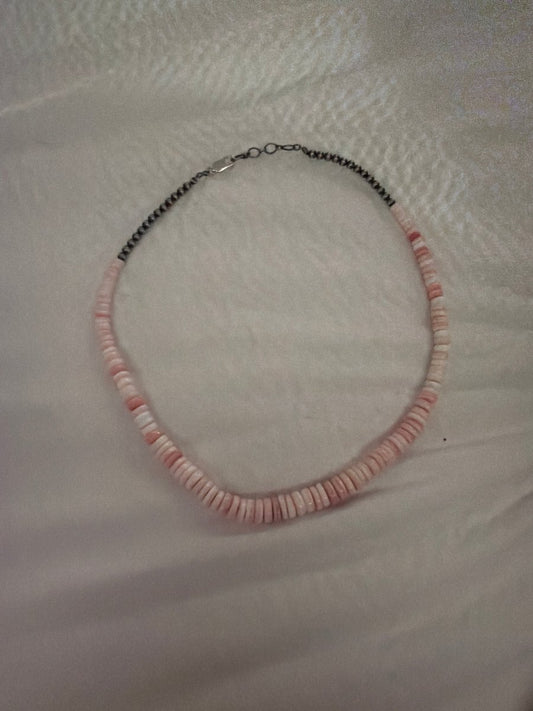 Graduated Pink Conch Heishi Necklace with Sterling Silver Beads - Turquoise Mustang