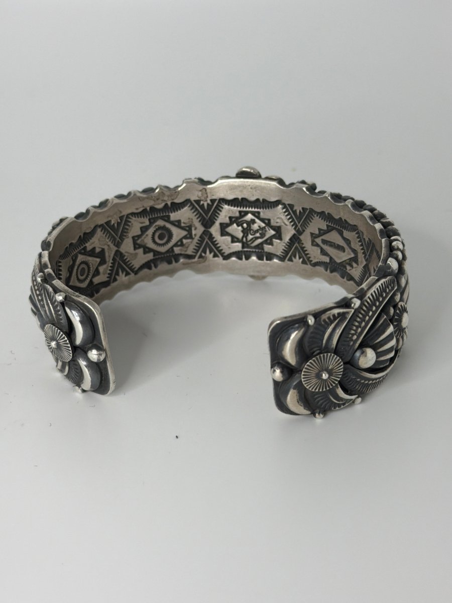 Dry Creek Turquoise Oval Cuff Bracelet with Heavy Stampwork & Overlay, Darryl Gordon - Turquoise Mustang