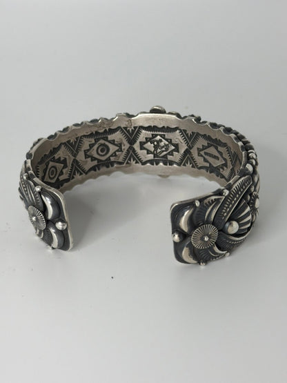 Dry Creek Turquoise Oval Cuff Bracelet with Heavy Stampwork & Overlay, Darryl Gordon - Turquoise Mustang
