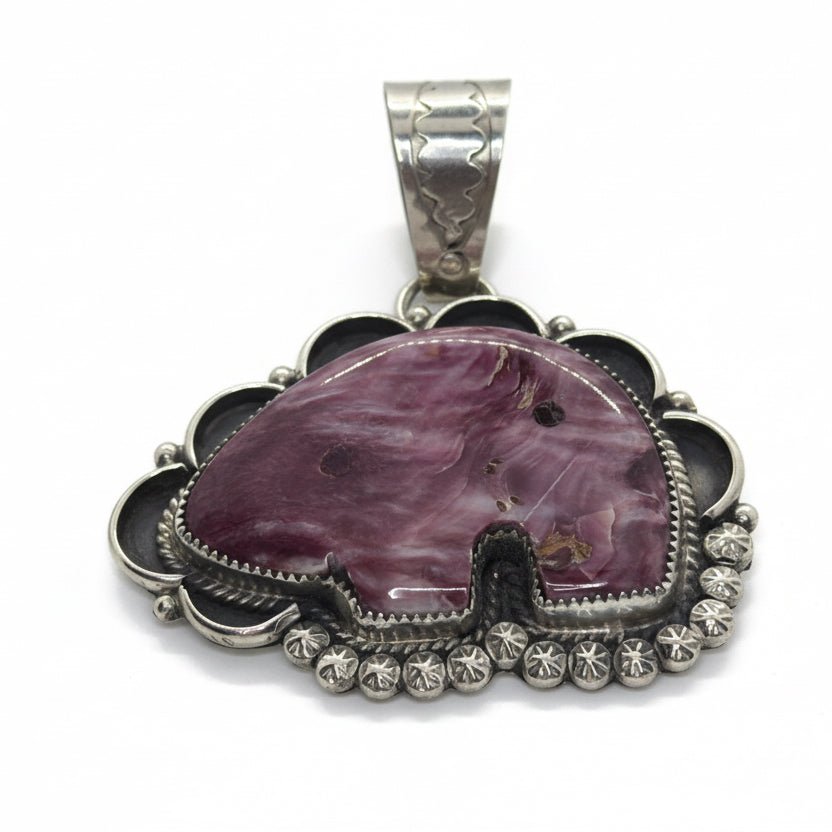 Purple Spiny Oyster Bear Pendant with Scalloped Sterling Frame & Stampwork Bale, Phillip Yazzie - Turquoise Mustang