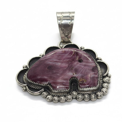 Purple Spiny Oyster Bear Pendant with Scalloped Sterling Frame & Stampwork Bale, Phillip Yazzie - Turquoise Mustang
