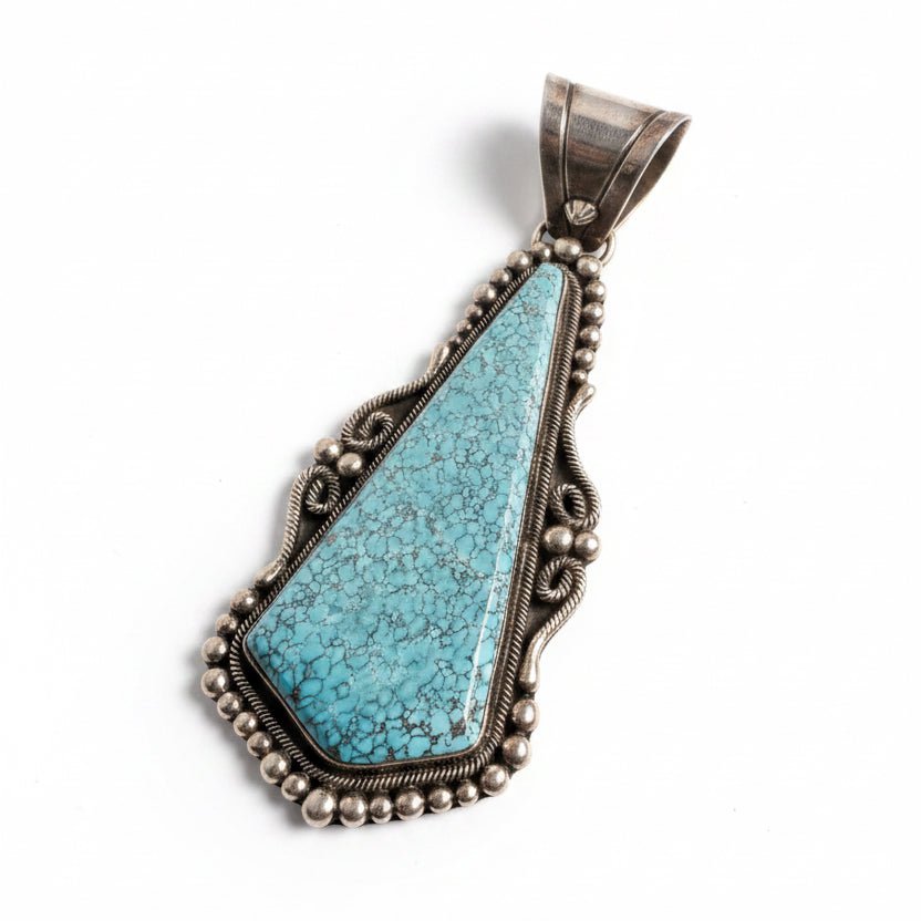 Rare Vintage Birdseye Dry Creek Turquoise Trapezoid Pendant with Rope Bezel, Ella Cowboy - Turquoise Mustang