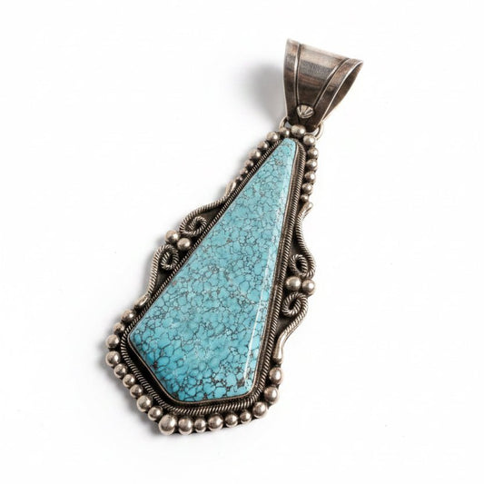 Rare Vintage Birdseye Dry Creek Turquoise Trapezoid Pendant with Rope Bezel, Ella Cowboy - Turquoise Mustang