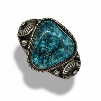 Premium Trillion - Cut Kingman Turquoise Cuff by Calvin Martinez - Turquoise Mustang