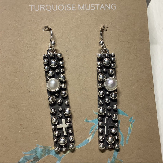 Earring, Rect. drops with balls, pearls and crosses, Akee Douglas - Turquoise Mustang