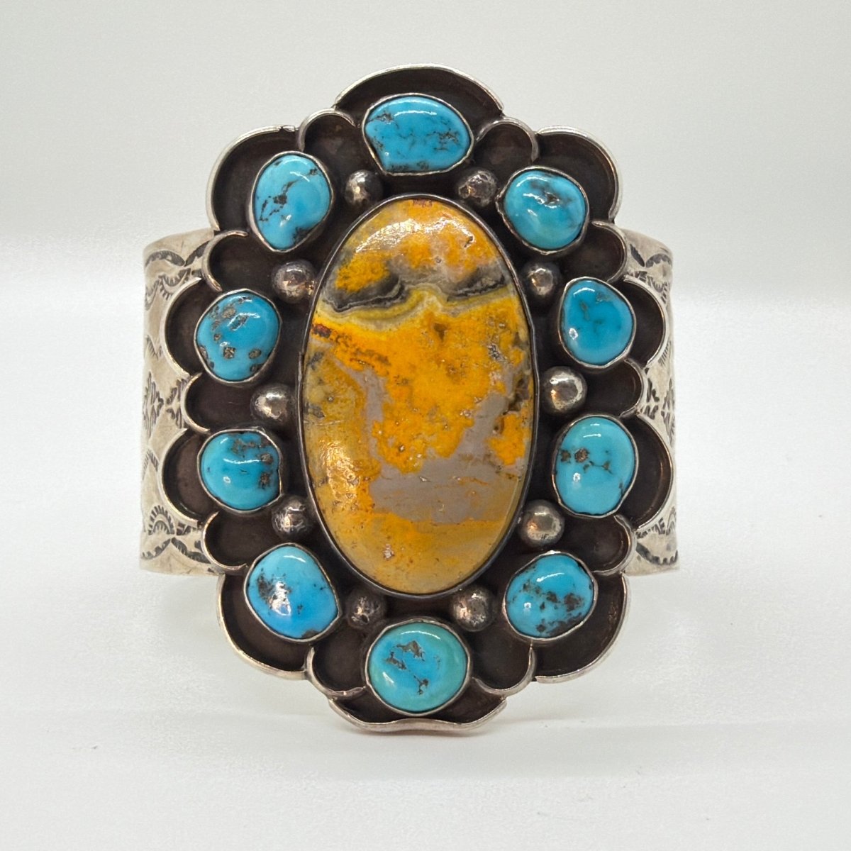 Oval Bumblebee Jasper & Turquoise Cluster Extra Wide Cuff Bracelet, Chimney Butte - Turquoise Mustang