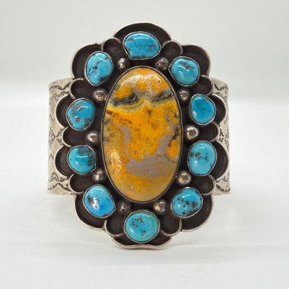 Oval Bumblebee Jasper & Turquoise Cluster Extra Wide Cuff Bracelet, Chimney Butte - Turquoise Mustang