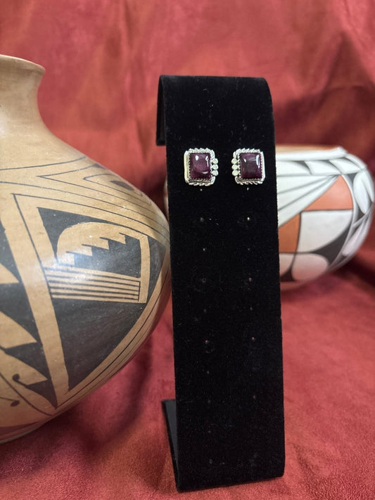 Earrings, Purple Spiny Oyster Studs w/ Sawtooth Bezel & Flat Raindrop Detail by Delores Cadman - Turquoise Mustang
