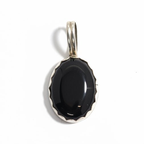 Vintage Black Onyx Pendant with Scalloped Bezel Sterling Silver - Turquoise Mustang