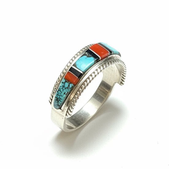 Zuni Multi - Color Inlay Sterling Silver Stacker Ring, Size 11.5 Deidre Luna - Turquoise Mustang