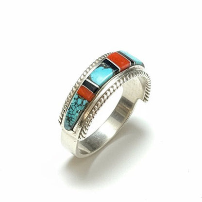 Zuni Multi - Color Inlay Sterling Silver Stacker Ring, Size 11.5 Deidre Luna - Turquoise Mustang