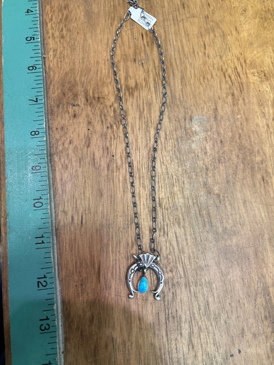 Annette Chiquito 18” Naja Bar Necklace with Kingman Turquoise Center Stone - Turquoise Mustang